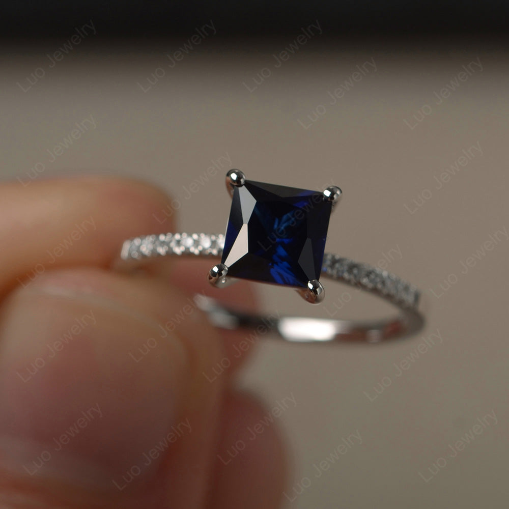 Princess Cut Lab Sapphire Ring With Thin Band - LUO Jewelry