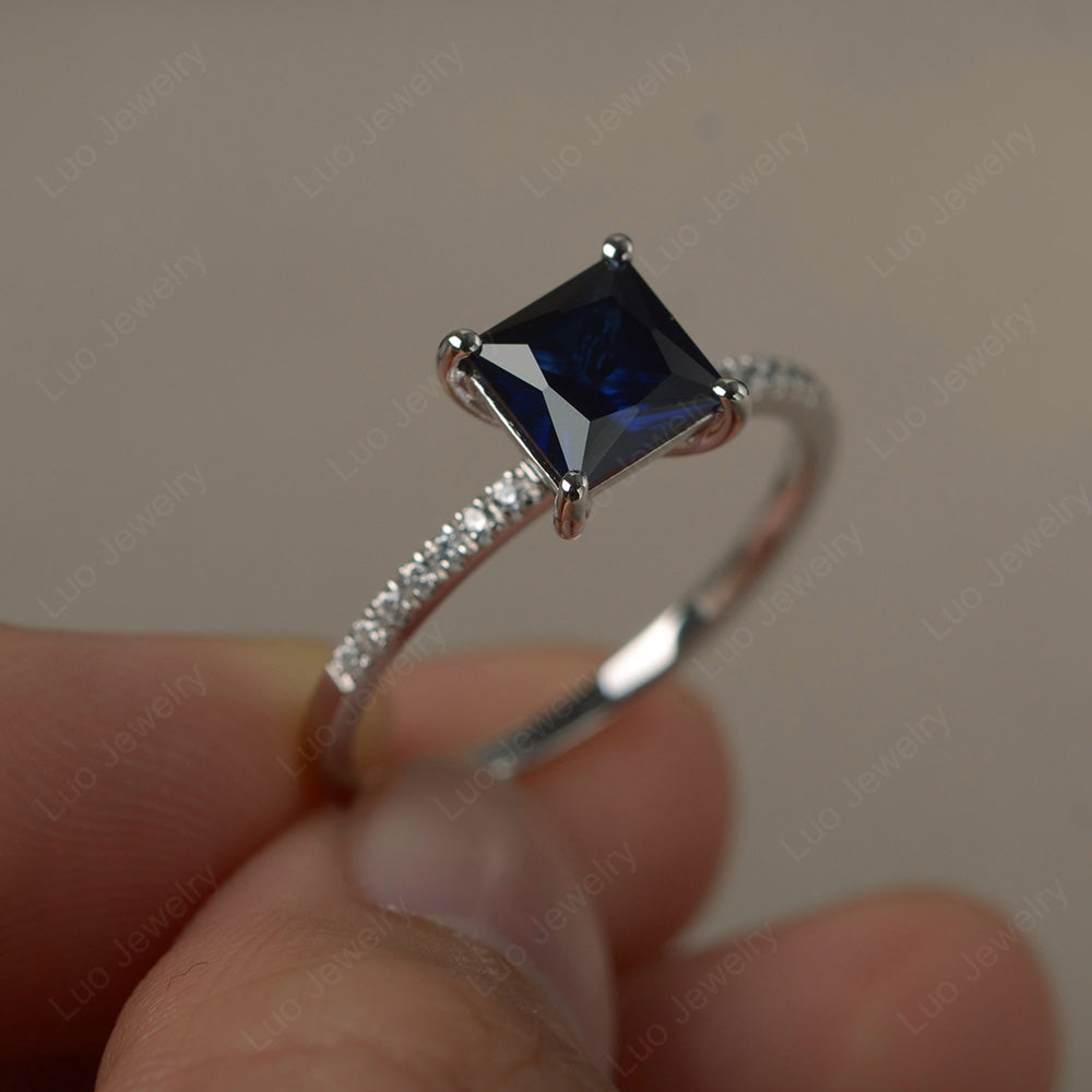 Princess Cut Lab Sapphire Ring With Thin Band - LUO Jewelry
