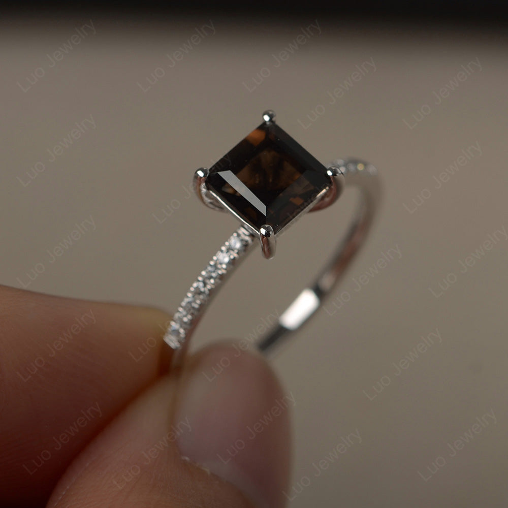 Square Cut Smoky Quartz  Ring With Thin Band - LUO Jewelry