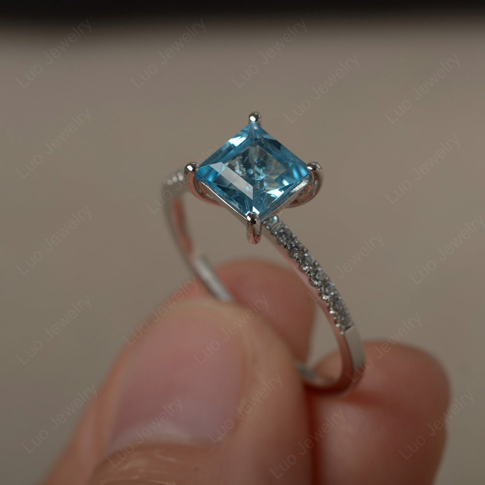 Square Cut Swiss Blue Topaz Ring With Thin Band - LUO Jewelry