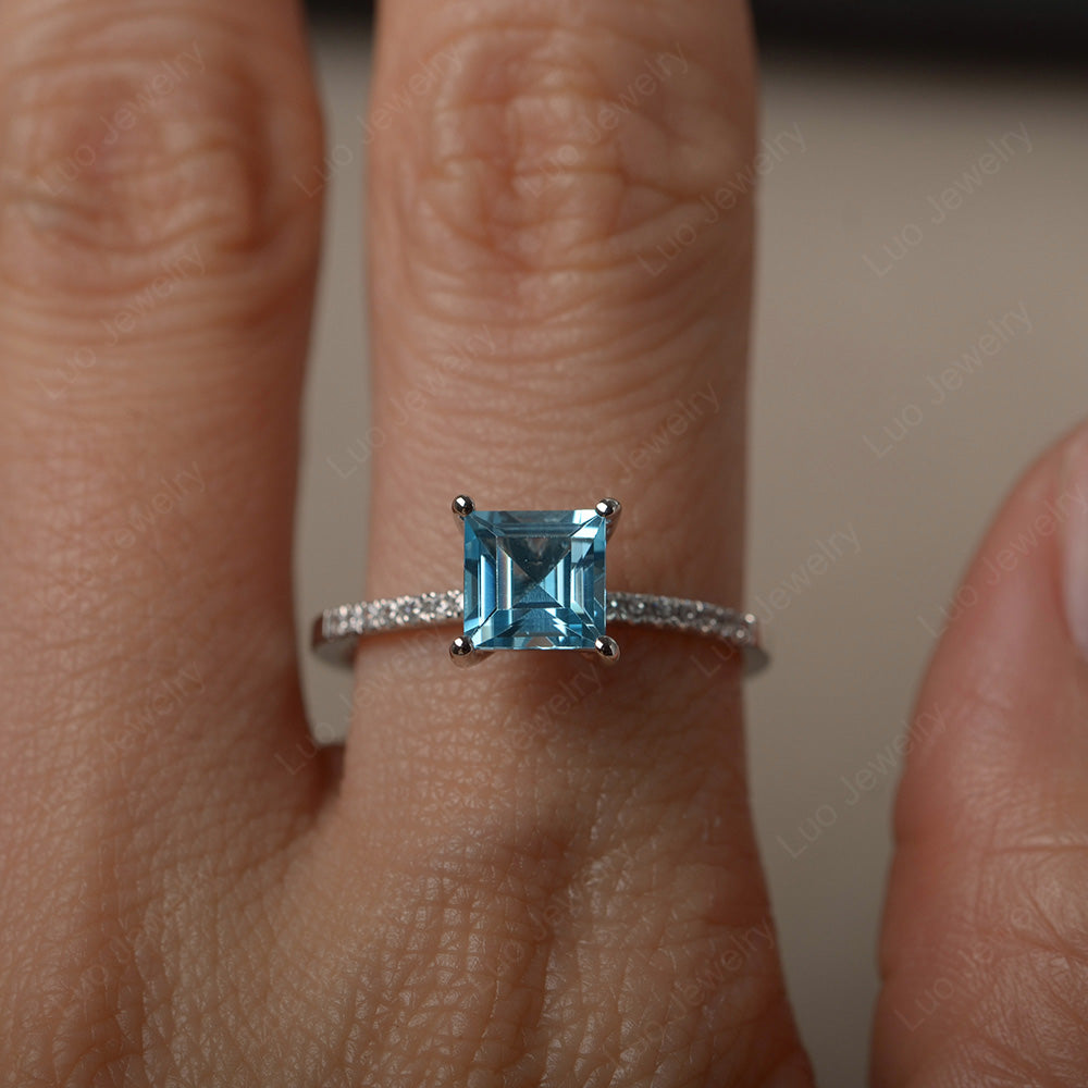 Square Cut Swiss Blue Topaz Ring With Thin Band - LUO Jewelry