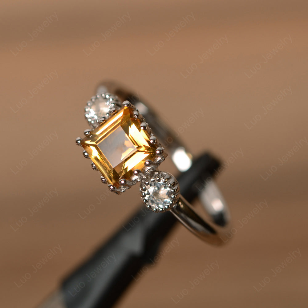 Three Stone Square Citrine Art Deco Ring - LUO Jewelry