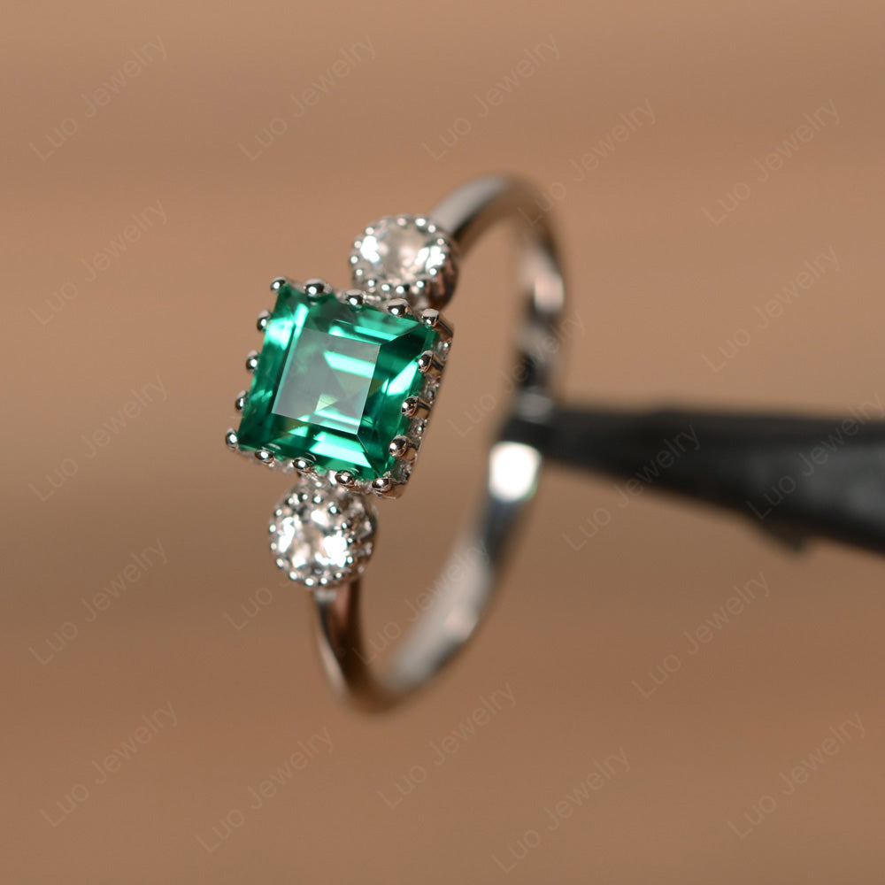 Three Stone Square Lab Emerald Art Deco Ring - LUO Jewelry