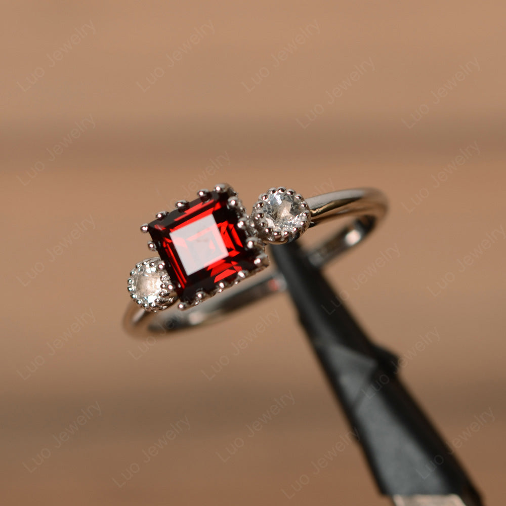 Three Stone Square Garnet Art Deco Ring - LUO Jewelry