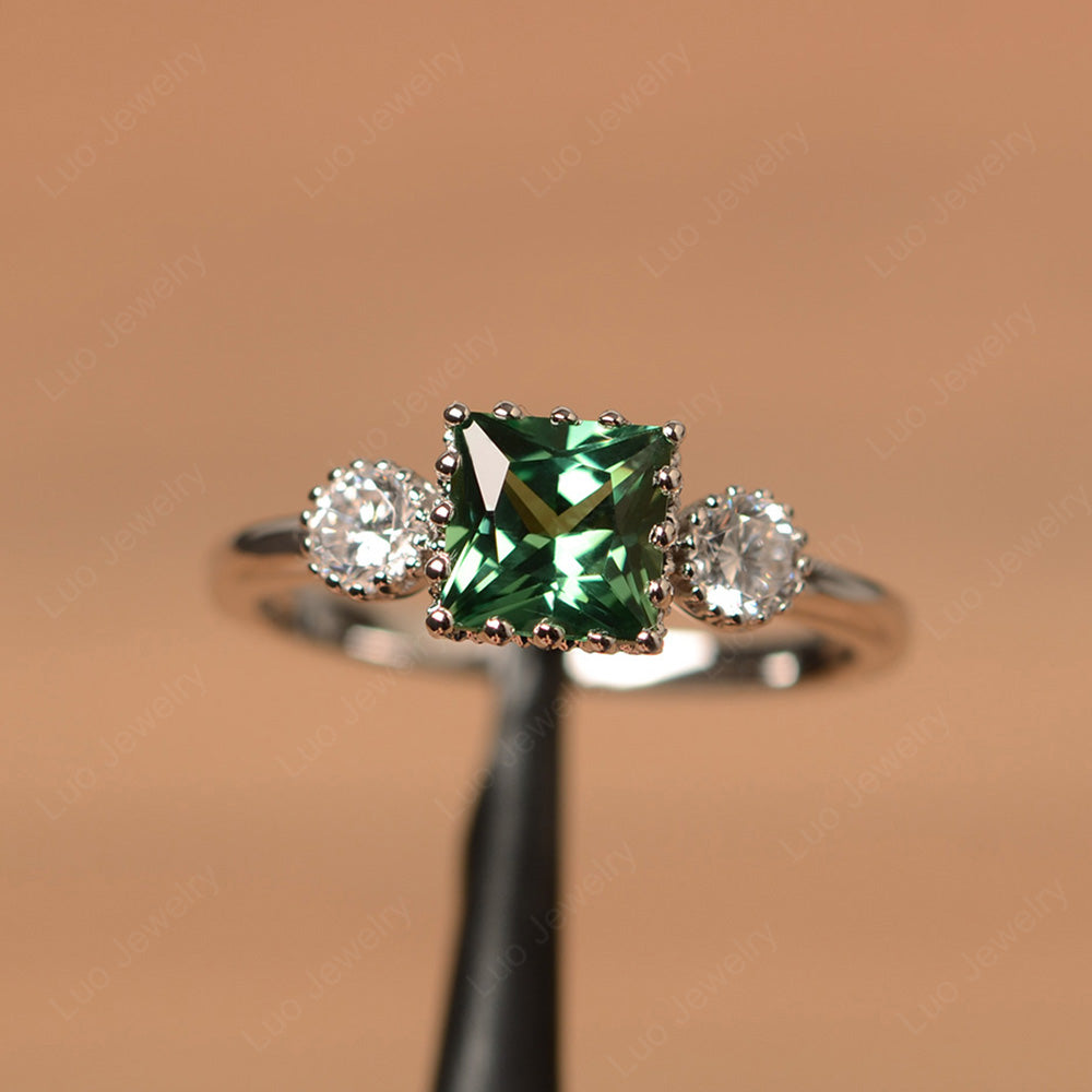 Three Stone Princess Green Sapphire Art Deco Ring - LUO Jewelry