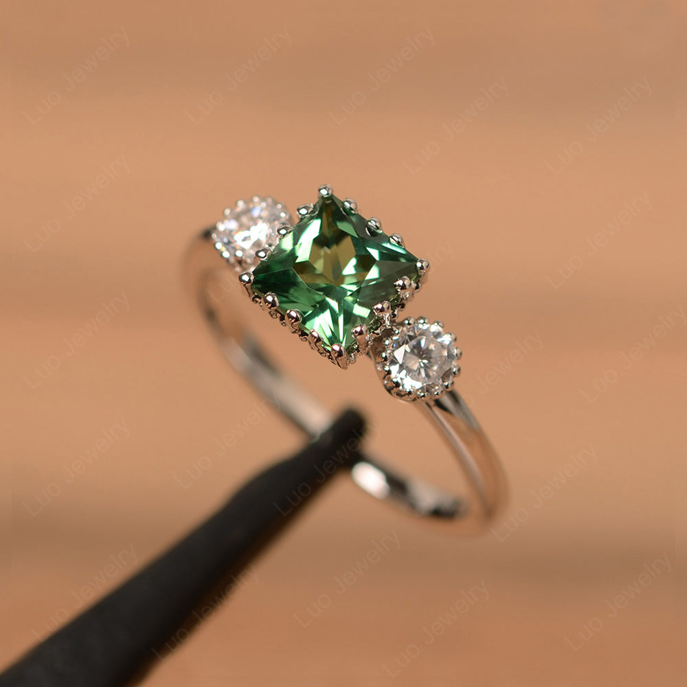 Three Stone Princess Green Sapphire Art Deco Ring - LUO Jewelry