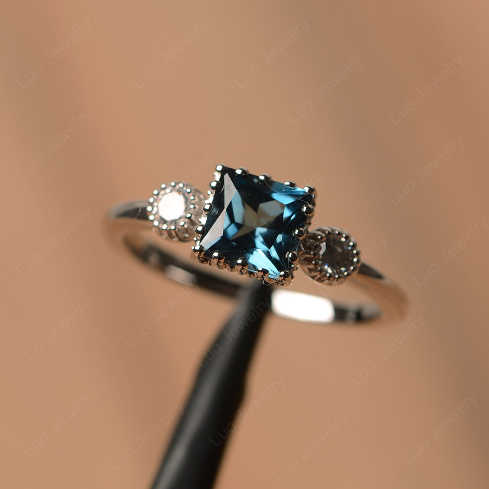 Three Stone Princess London Blue Topaz Art Deco Ring - LUO Jewelry