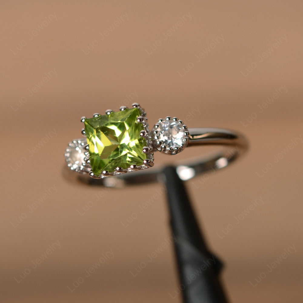 Three Stone Princess Peridot Art Deco Ring - LUO Jewelry