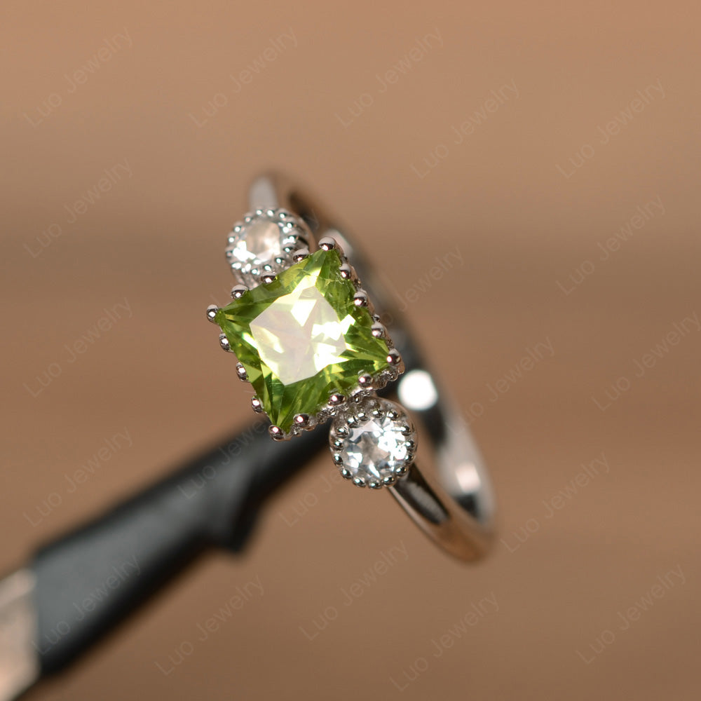 Three Stone Princess Peridot Art Deco Ring - LUO Jewelry