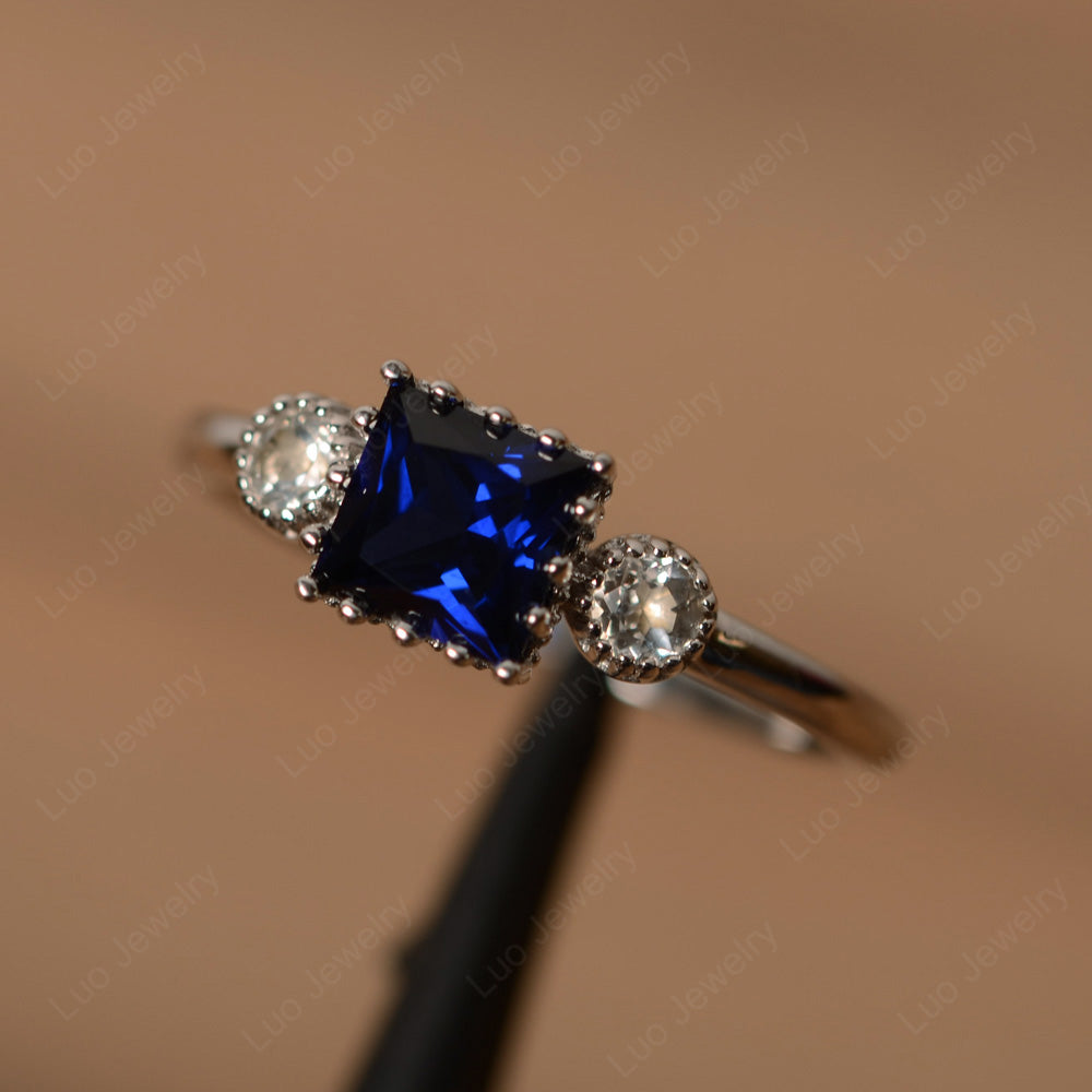 Three Stone Princess Lab Sapphire Art Deco Ring - LUO Jewelry
