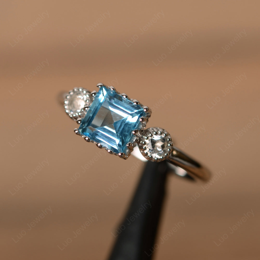 Three Stone Square Swiss Blue Topaz Art Deco Ring - LUO Jewelry