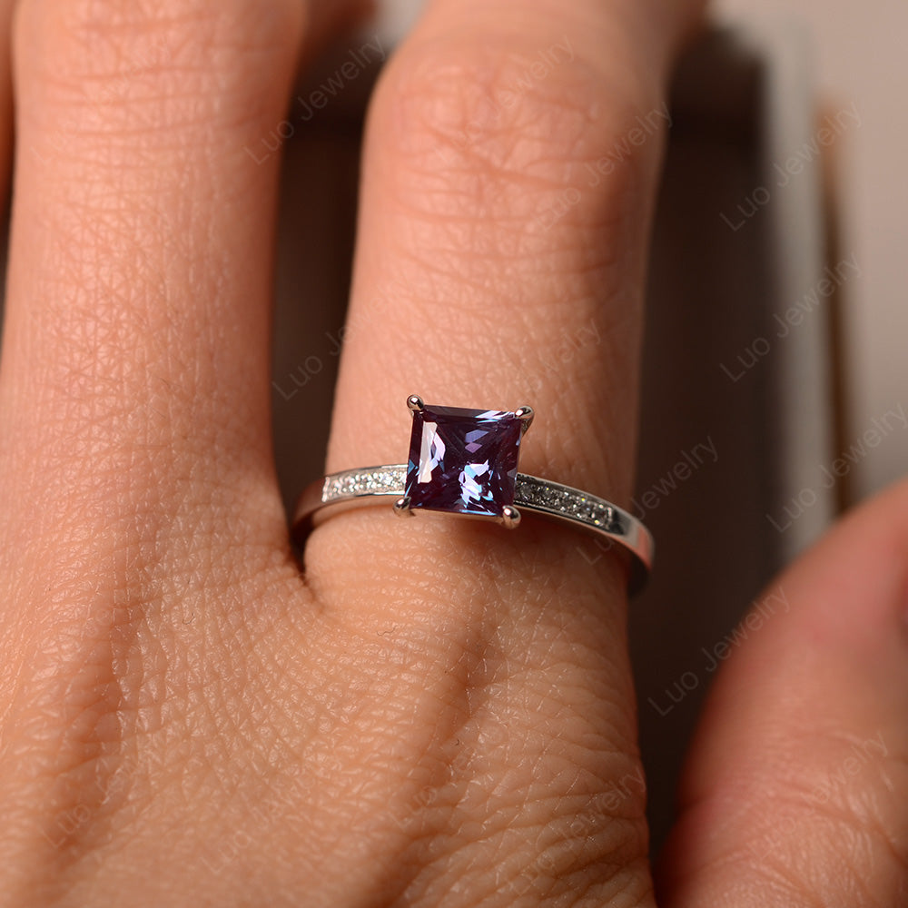 Simple Princess Cut Alexandrite Wedding Ring - LUO Jewelry