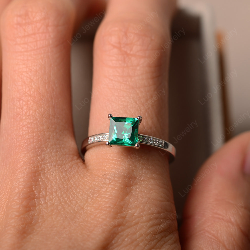 Simple Princess Cut Lab Emerald Wedding Ring - LUO Jewelry