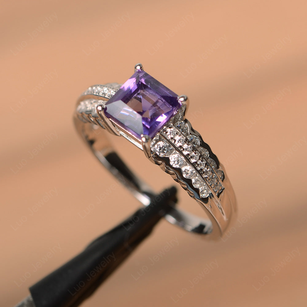 Square Cut Amethyst Art Deco Ring Silver - LUO Jewelry