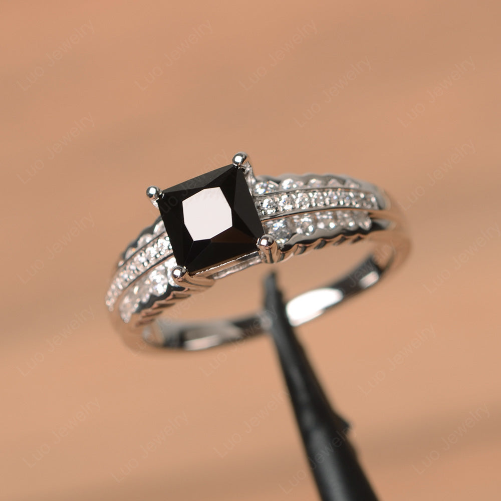 Princess Cut Black Stone Art Deco Ring Silver - LUO Jewelry