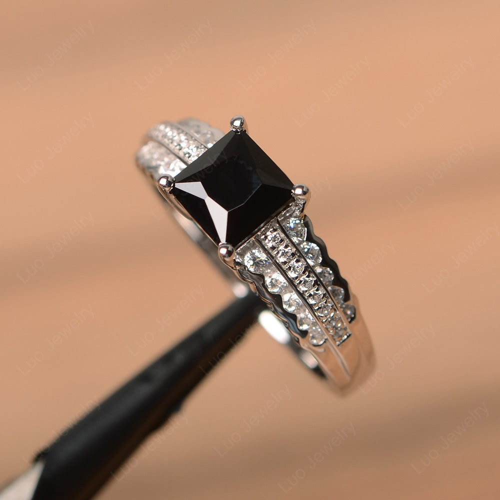 Princess Cut Black Stone Art Deco Ring Silver - LUO Jewelry