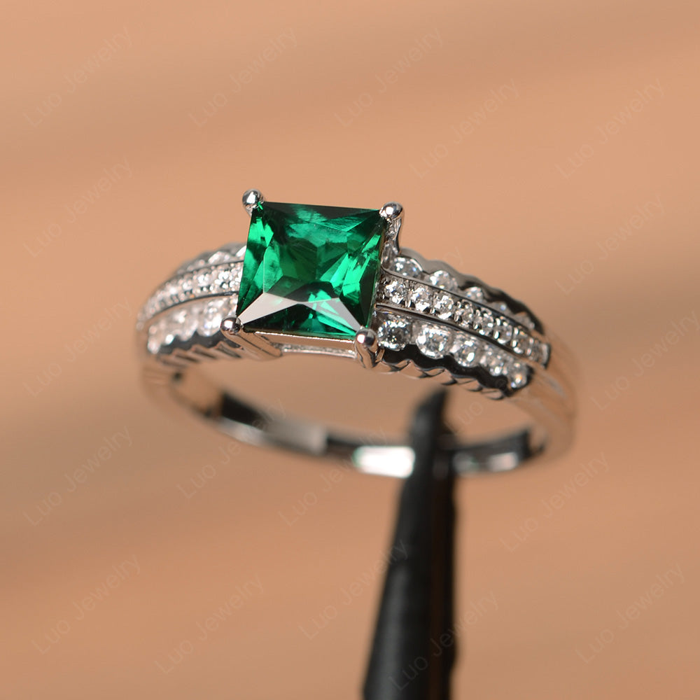 Princess Cut Lab Emerald Art Deco Ring Silver - LUO Jewelry