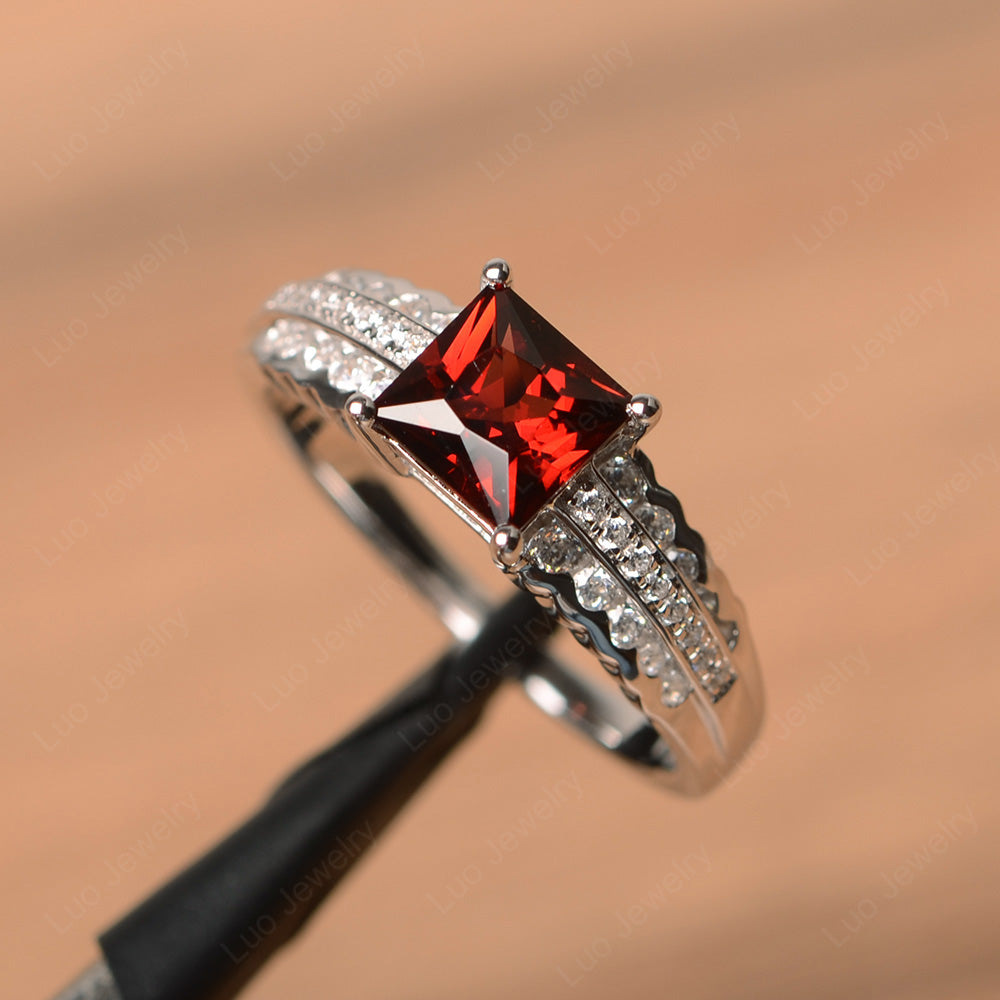 Princess Cut Garnet Art Deco Ring Silver - LUO Jewelry