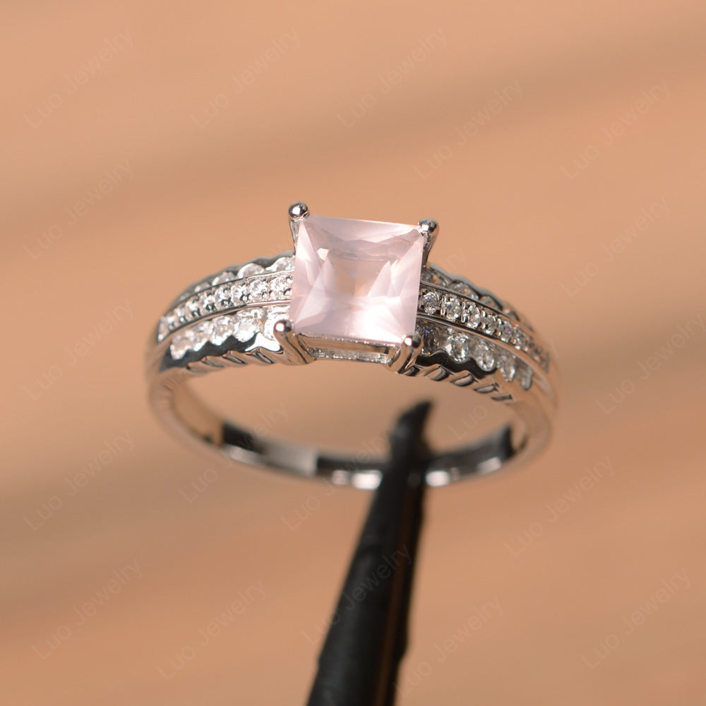 Princess Cut Rose Quartz Art Deco Ring Silver - LUO Jewelry