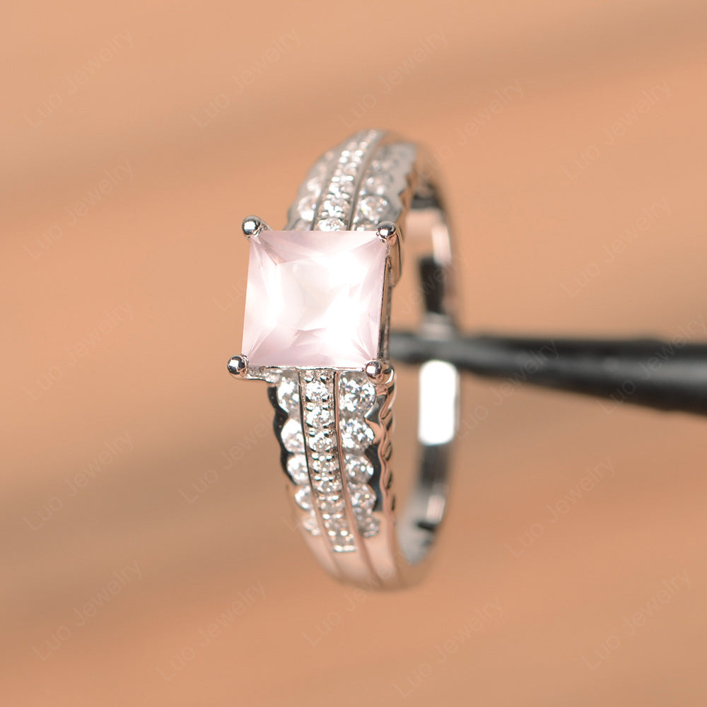 Princess Cut Rose Quartz Art Deco Ring Silver - LUO Jewelry