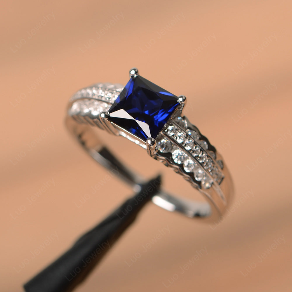 Princess Cut Lab Sapphire Art Deco Ring Silver - LUO Jewelry