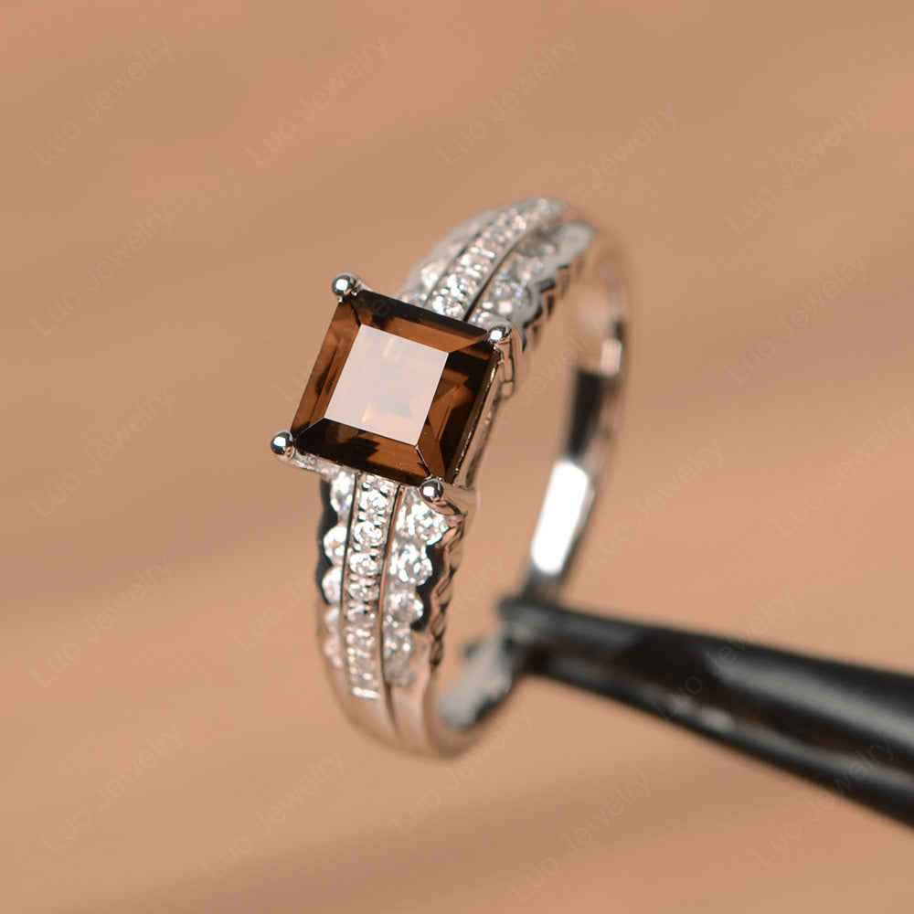 Square Cut Smoky Quartz  Art Deco Ring Silver - LUO Jewelry