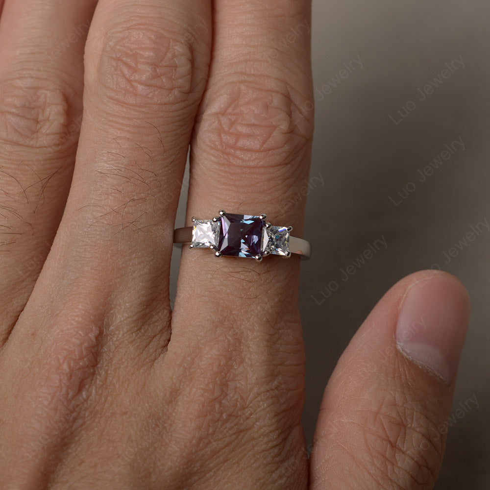 3 Stone Alexandrite Princess Cut Alexandrite Ring Silver - LUO Jewelry