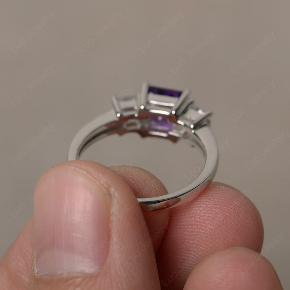 3 Stone Amethyst Princess Cut Amethyst Ring Silver - LUO Jewelry