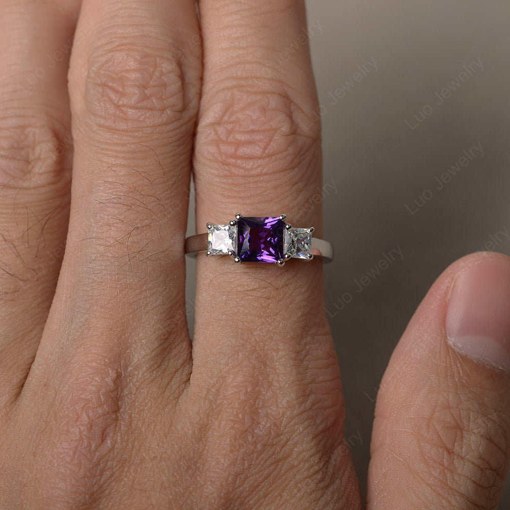 3 Stone Amethyst Princess Cut Amethyst Ring Silver - LUO Jewelry