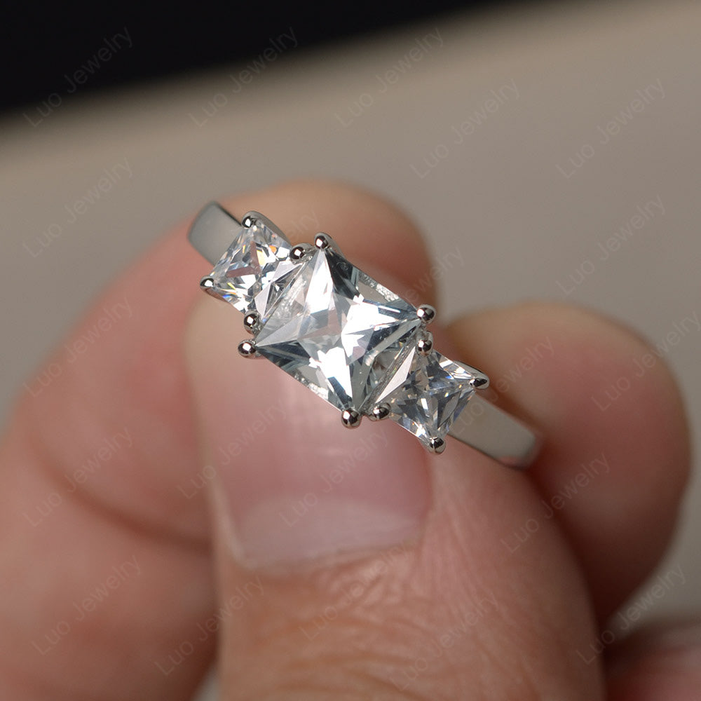 3 Stone Aquamarine Princess Cut Aquamarine Ring Silver - LUO Jewelry