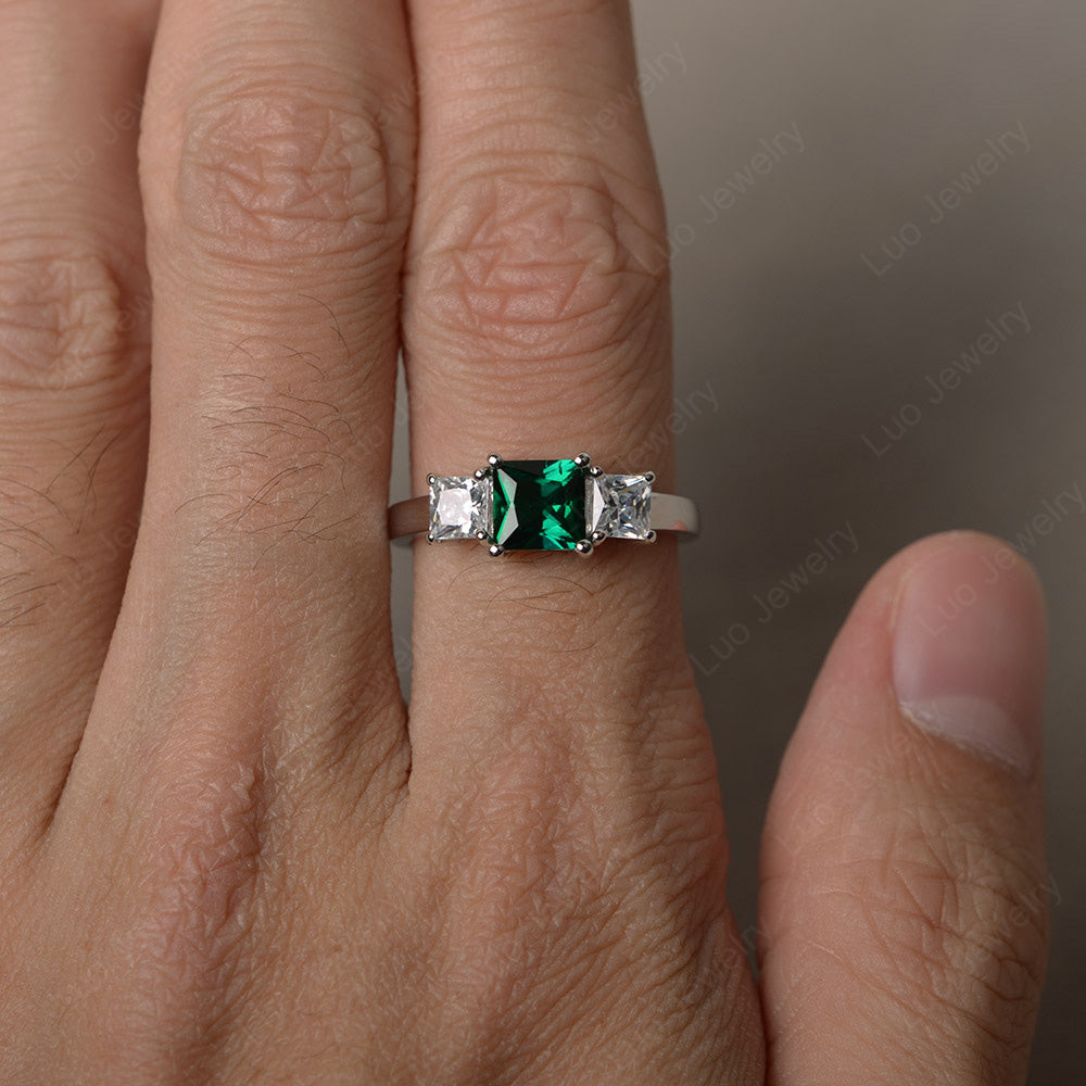 3 Stone Lab Emerald Princess Cut Lab Emerald Ring Silver - LUO Jewelry