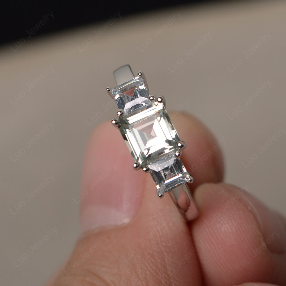 3 Stone Green Amethyst Square Cut Green Amethyst Ring Silver - LUO Jewelry