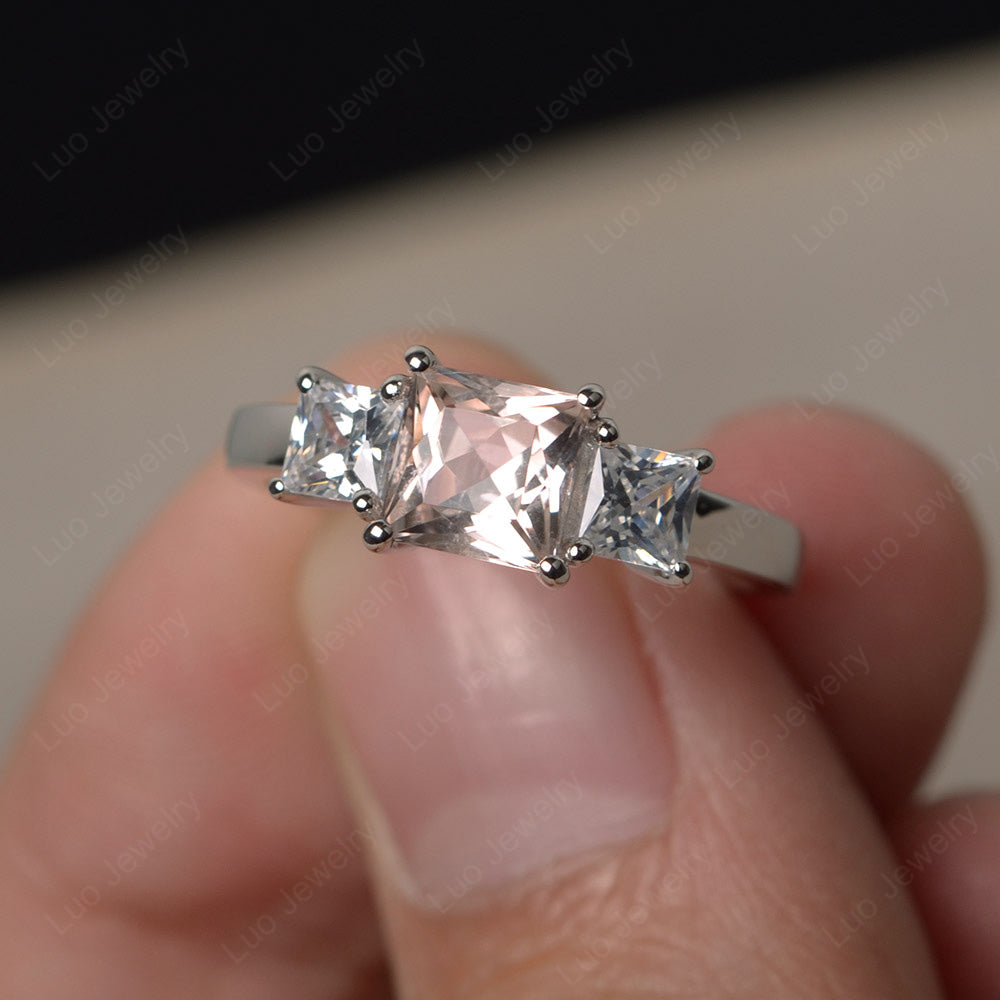 3 Stone Morganite Princess Cut Morganite Ring Silver - LUO Jewelry