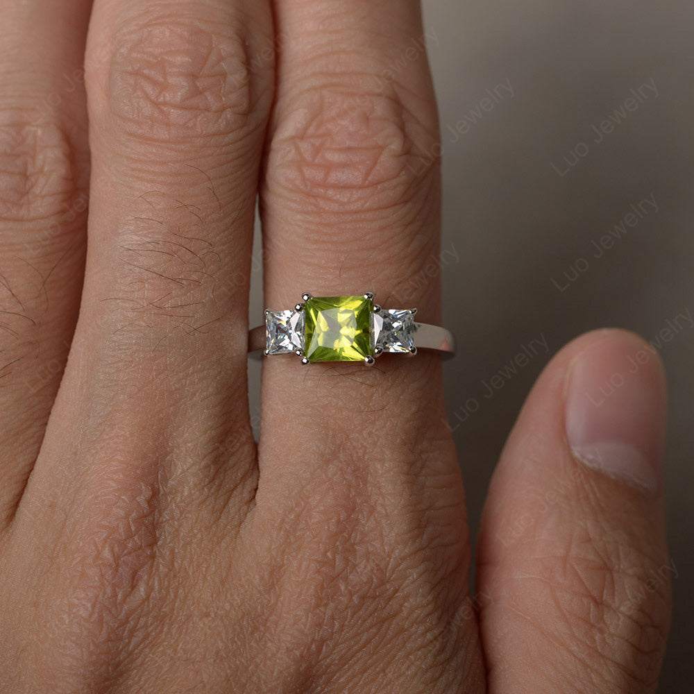 3 Stone Peridot Princess Cut Peridot Ring Silver - LUO Jewelry