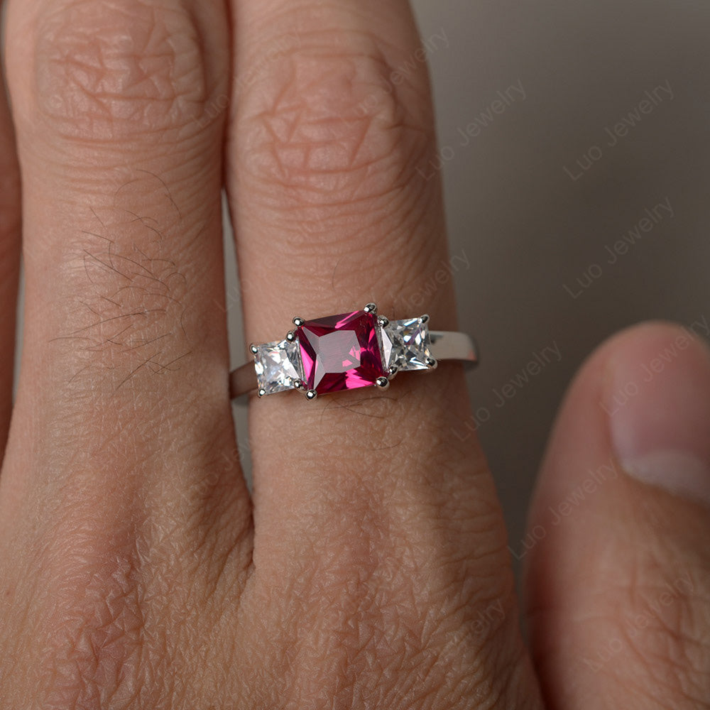 3 Stone Ruby Princess Cut Ruby Ring Silver - LUO Jewelry