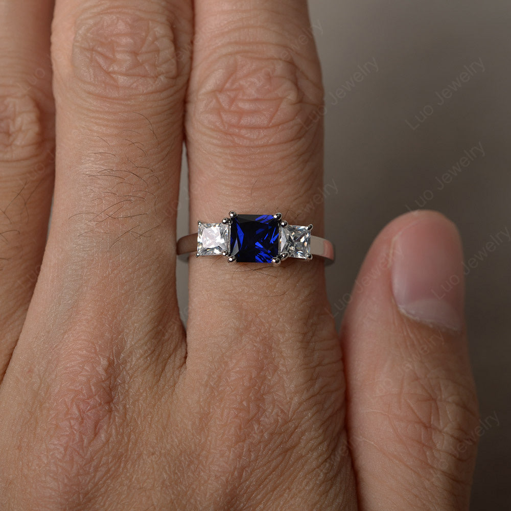 3 Stone Lab Sapphire Princess Cut Lab Sapphire Ring Silver - LUO Jewelry