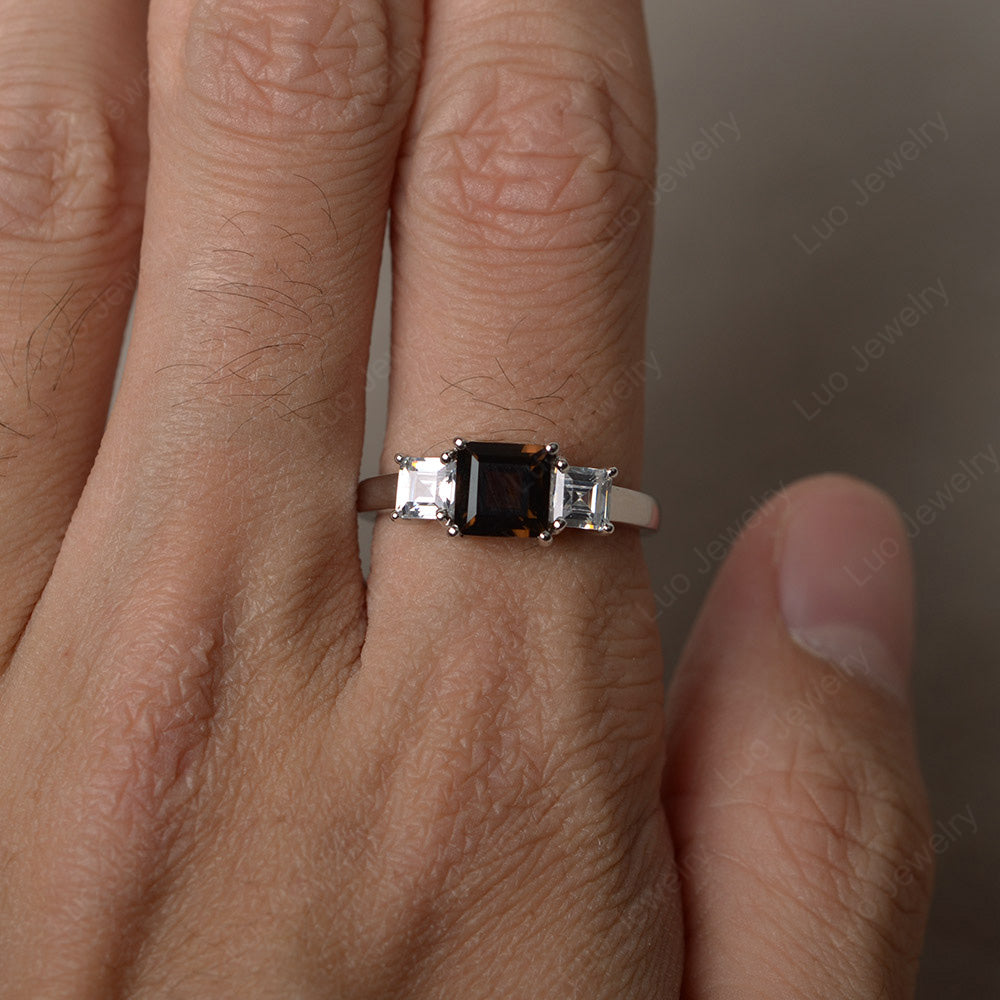 3 Stone Smoky Quartz  Square Cut Smoky Quartz  Ring Silver - LUO Jewelry