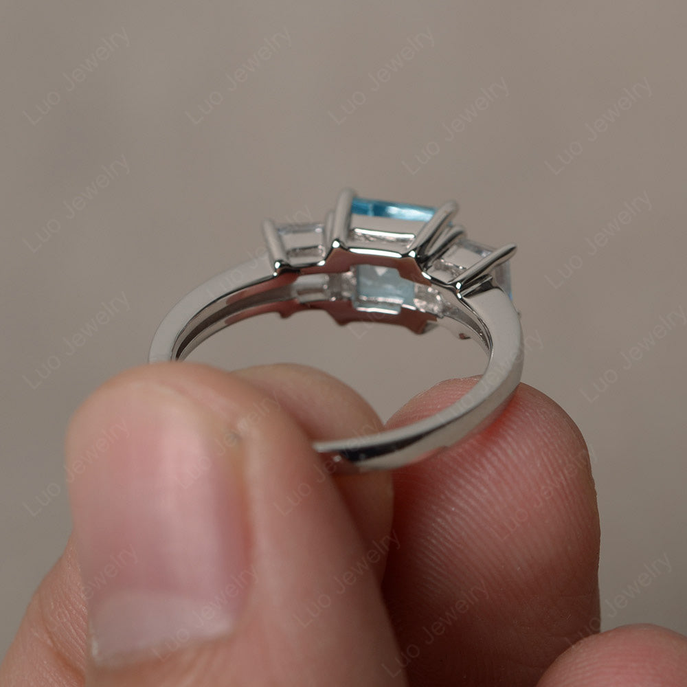 3 Stone Swiss Blue Topaz Square Cut Swiss Blue Topaz Ring Silver - LUO Jewelry