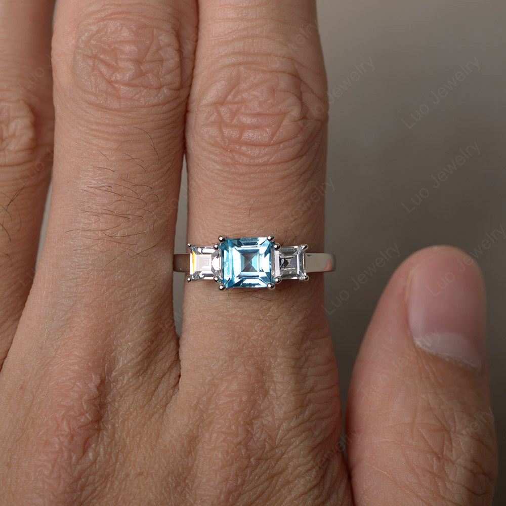 3 Stone Swiss Blue Topaz Square Cut Swiss Blue Topaz Ring Silver - LUO Jewelry