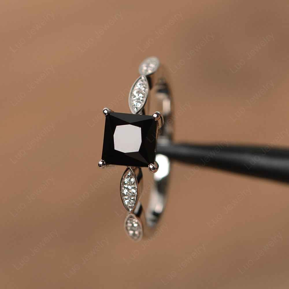 Princess Cut Black Stone Ring White Gold - LUO Jewelry