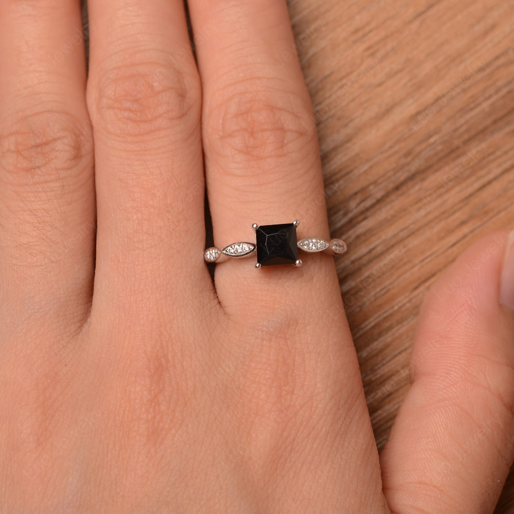 Princess Cut Black Stone Ring White Gold - LUO Jewelry
