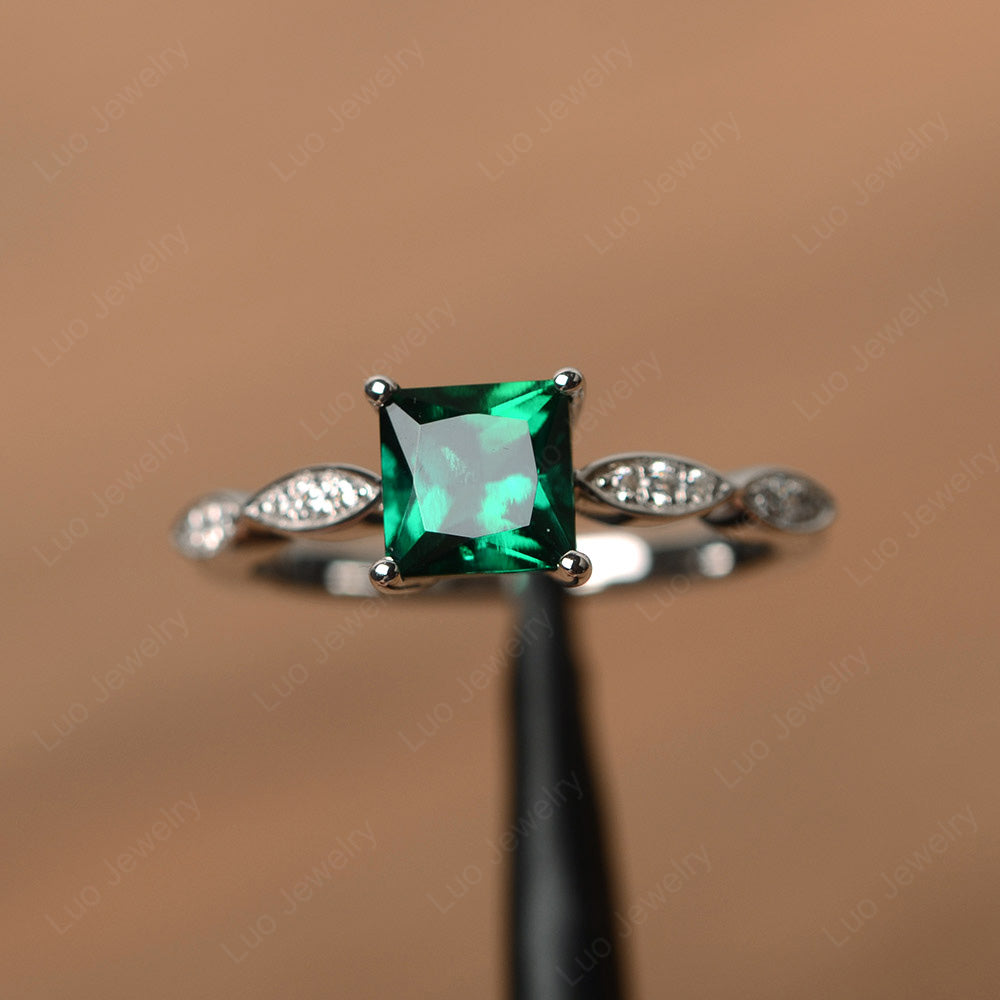 Princess Cut Lab Emerald Ring White Gold - LUO Jewelry
