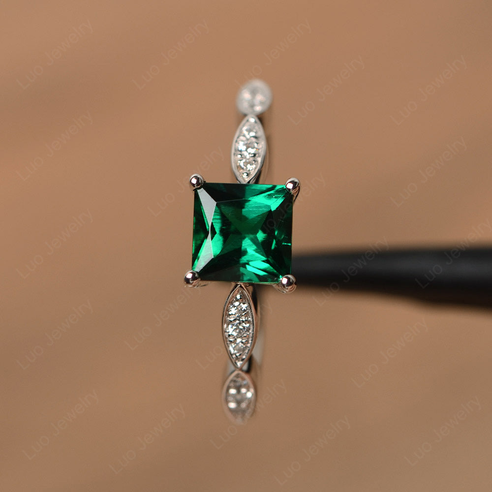 Princess Cut Lab Emerald Ring White Gold - LUO Jewelry