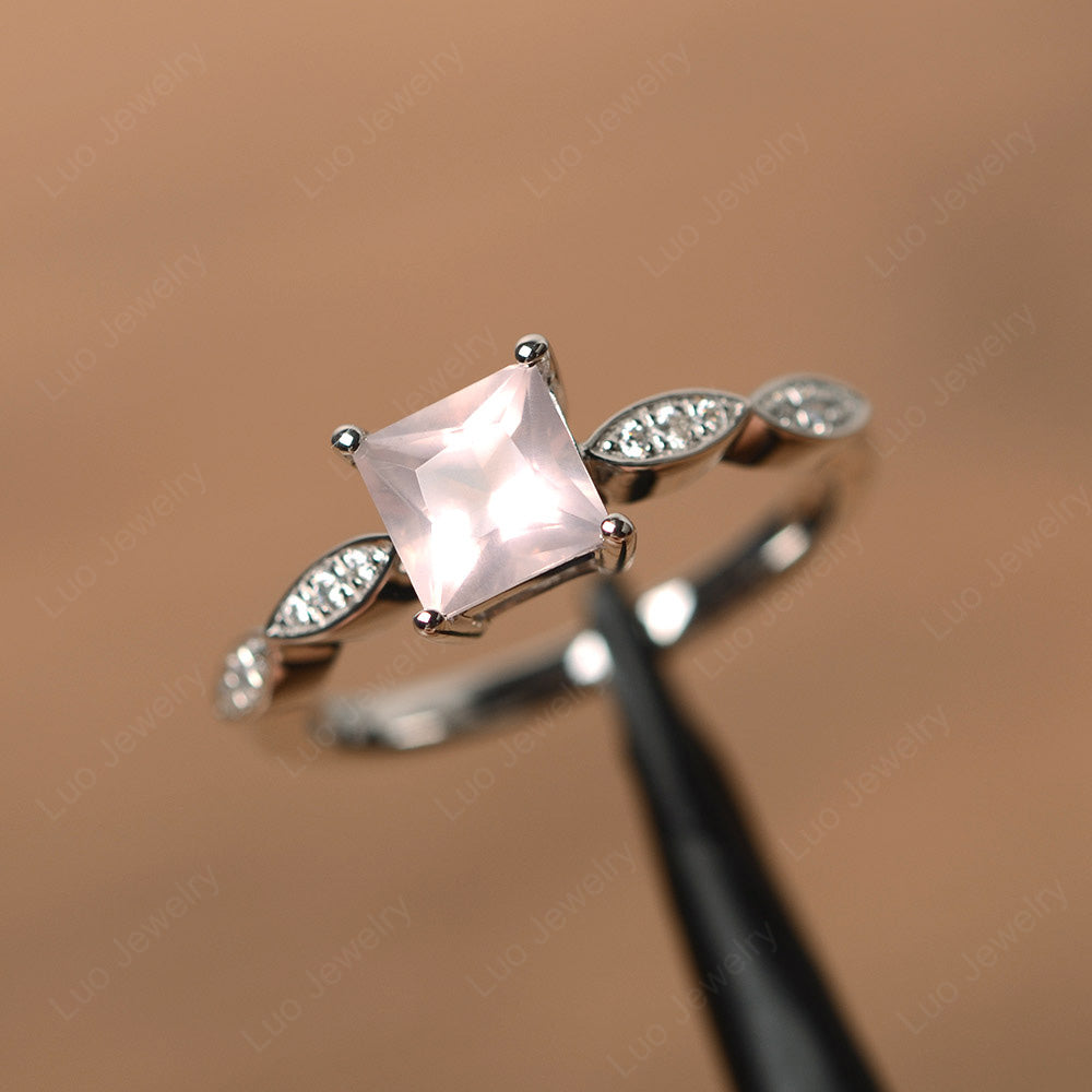 Princess Cut Rose Quartz Ring White Gold - LUO Jewelry