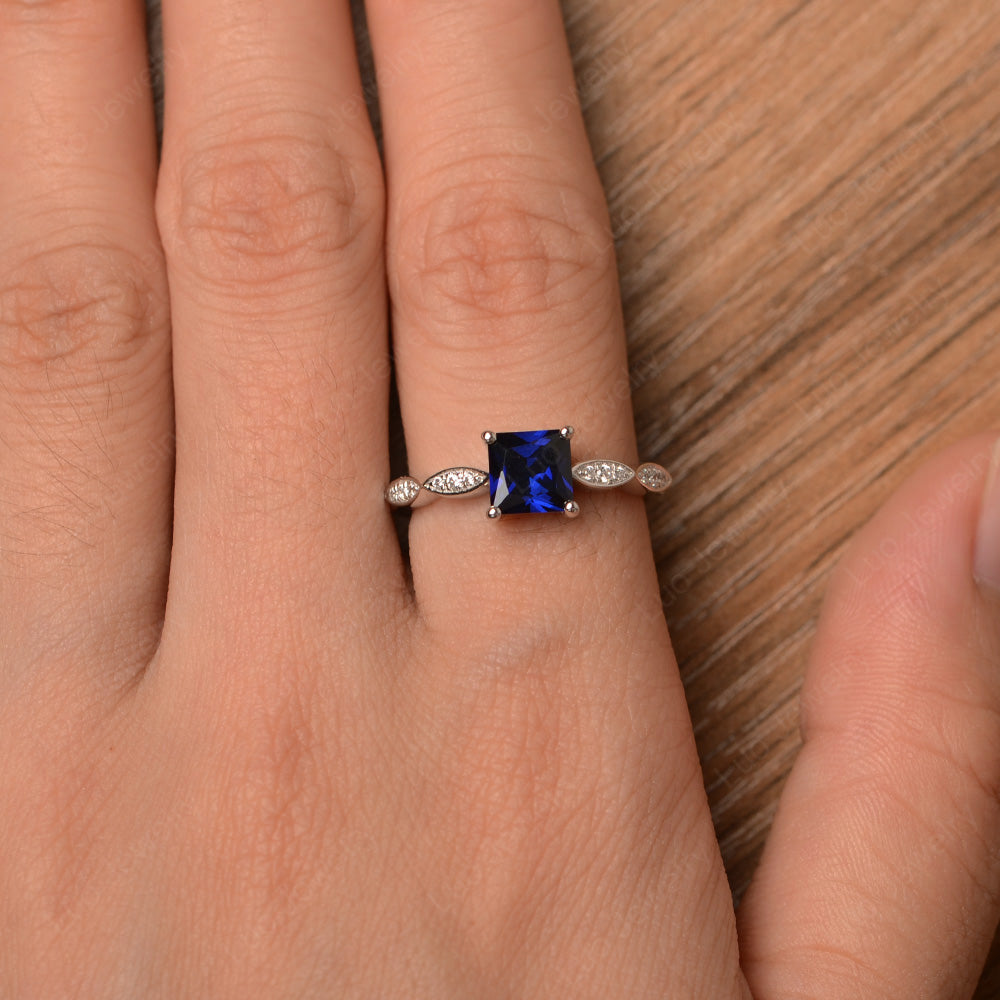 Princess Cut Lab Sapphire Ring White Gold - LUO Jewelry