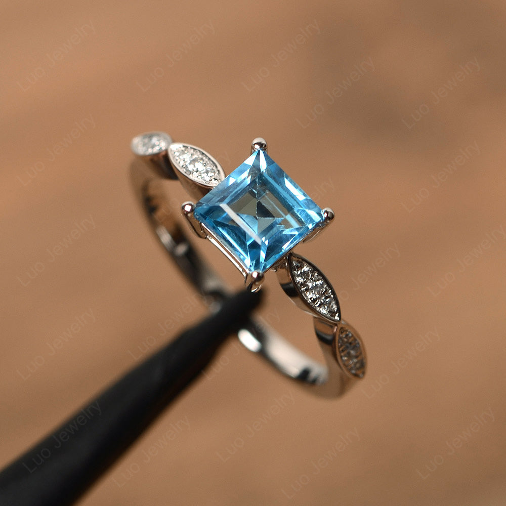 Square Cut Swiss Blue Topaz Ring White Gold - LUO Jewelry