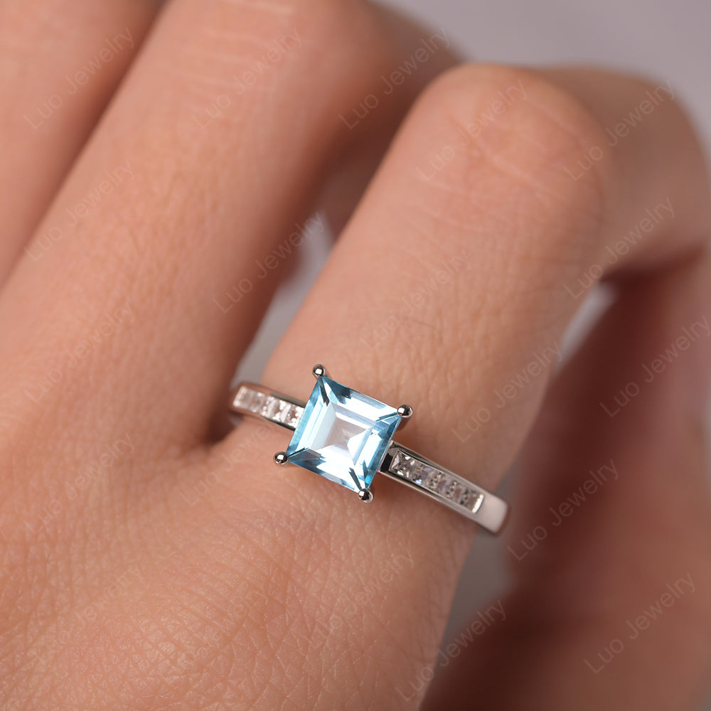 Swiss Blue Topaz Wedding Rings Square Cut Rose Gold - LUO Jewelry