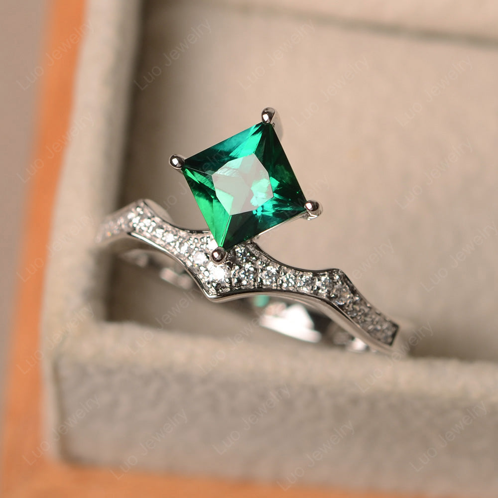 Vintage Kite Set Princess Cut Lab Emerald Ring - LUO Jewelry