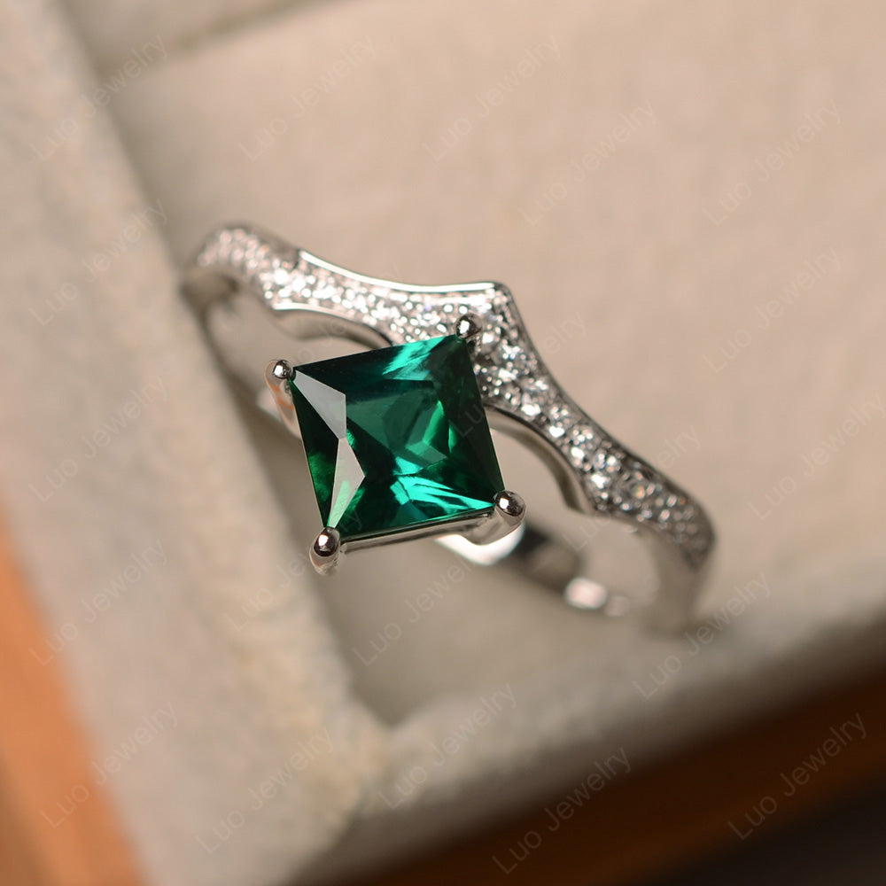 Vintage Kite Set Princess Cut Lab Emerald Ring - LUO Jewelry