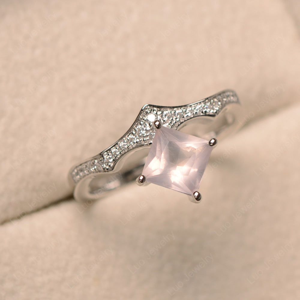Vintage Kite Set Princess Cut Rose Quartz Ring - LUO Jewelry